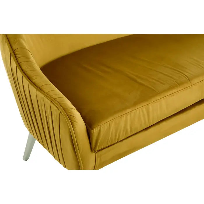 Louxor 2 Seater Sofa, Yellow Velvet, Tapered Design, Natural Wooden Legs, Cushions