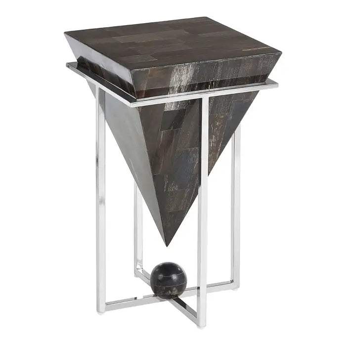 Relic Small Side Table, Dark Petrified Black Wood, Silver Stainless Steel Frame