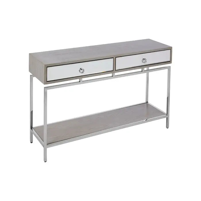 Kensington Townhouse Console Table, Silver Iron Frame, Glass Top, 2 Drawer
