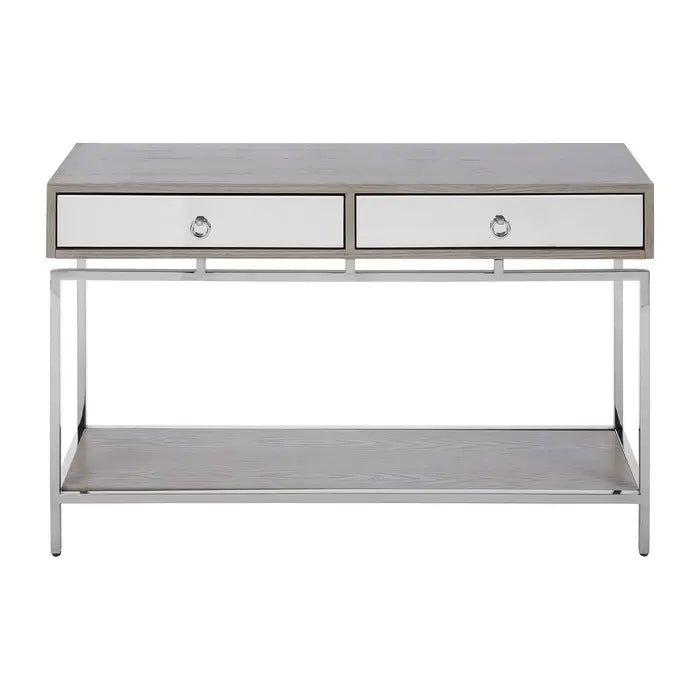 Kensington Townhouse Console Table, Silver Iron Frame, Glass Top, 2 Drawer