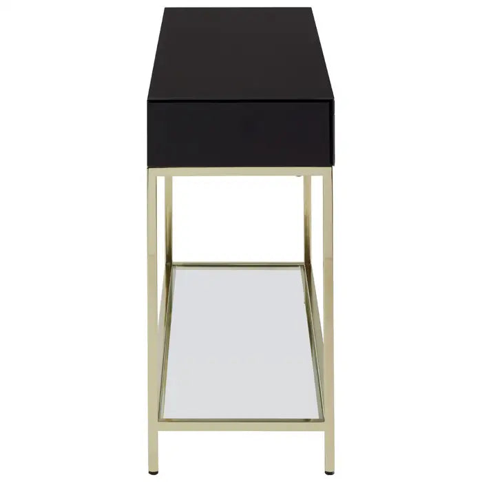 Kensington Townhouse Console Table, Gold Finish, Iron Frame, Mirrored Glass Top, 2 Drawer