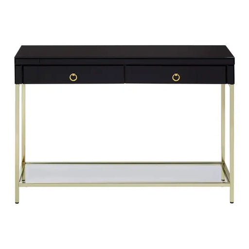 Kensington Townhouse Console Table, Gold Finish, Iron Frame, Mirrored Glass Top, 2 Drawer