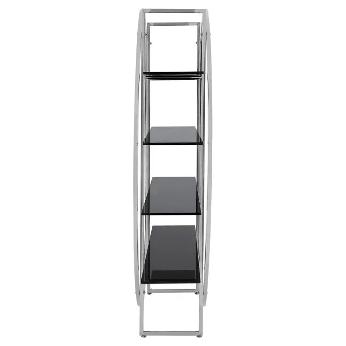 Vogue Round Floor Shelf Unit, Silver Stainless steel Frame, 4 Black Tempered Glass Shelf,