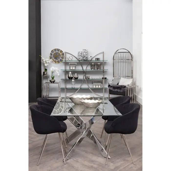 Vogue Floor Shelf Unit, Rectangular, Silver Stainless steel Frame, Curved Design, Glass Shelf