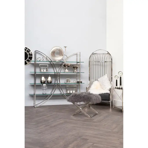 Vogue Floor Shelf Unit, Rectangular, Silver Stainless steel Frame, Curved Design, Glass Shelf