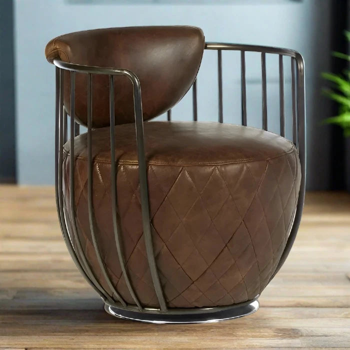 Hoxton Swivel Accent Chair, Brown Leather, Black Metal