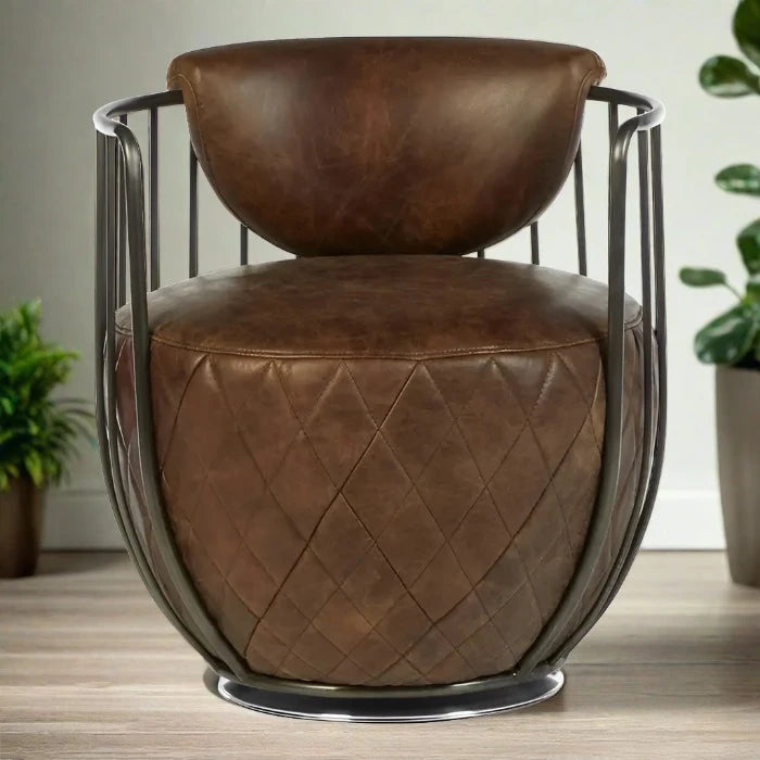 Hoxton Swivel Accent Chair, Brown Leather, Black Metal