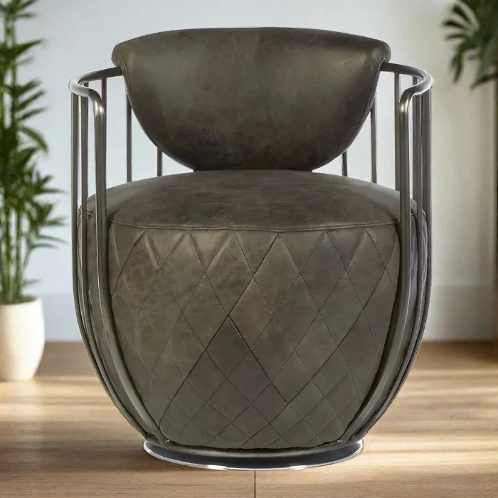 Hoxton Swivel Accent Chair, Grey Leather, Black Metal