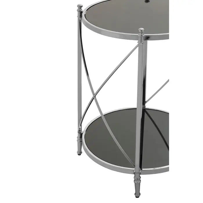 Hoffmann Side Table, Two Round Shelves, Stainless Steel Frame, Black Mirrored Glass
