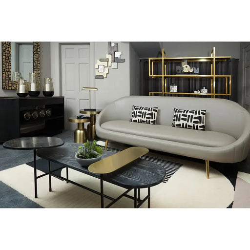 Lagero 2 Seater Sofa, Mink Leather, Curved Backrest, Four Reflective Stainless Steel Feet, Gold Finish, Cushions