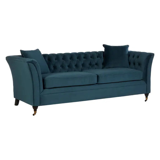 Sabrina 3 Seater Sofa, Midnight Blue Velvet, Cushions, Button Tufted, Castor Wheels