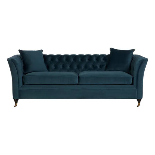 Sabrina 3 Seater Sofa, Midnight Blue Velvet, Cushions, Button Tufted, Castor Wheels
