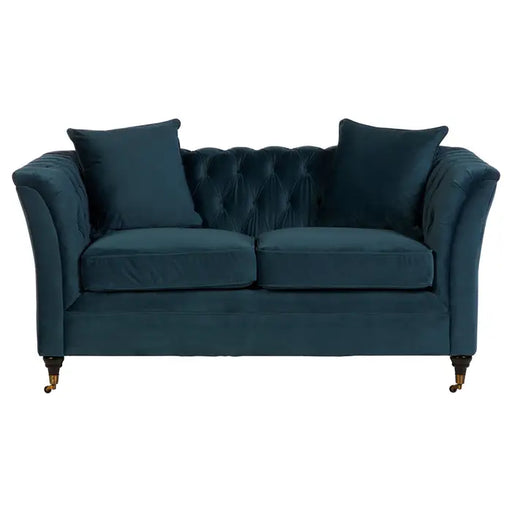 Sabrina 2 Seater Sofa, Midnight Blue Velvet, Button Tufted, Castor Wheels, Cushions