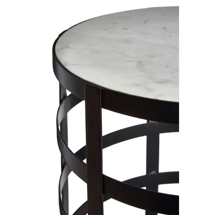 Corina Side Table, Iron Grid Frame, White Round Marble Top