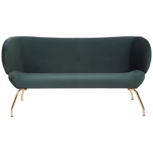 Kolding 2 Seater Sofa, Green Fabric, Curved Back, backrest, Gold Metal Legs  