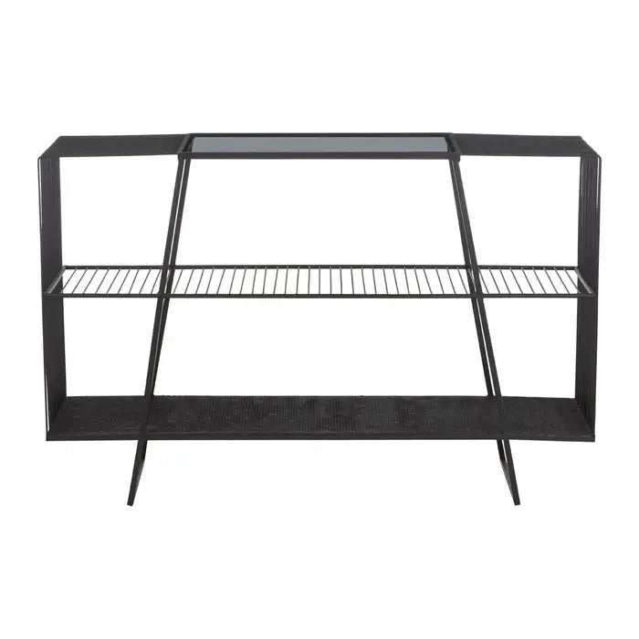 Trento Console Table, Metal Frame, Wireframe, Two Open Shelves, Grey Glass Top