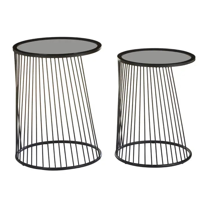 Trento Side Tables, Black Finish Wires, Round Grey Glass Top, Set Of 2 