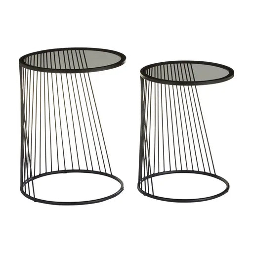 Trento Side Tables, Black Finish Wires, Round Grey Glass Top, Set Of 2 