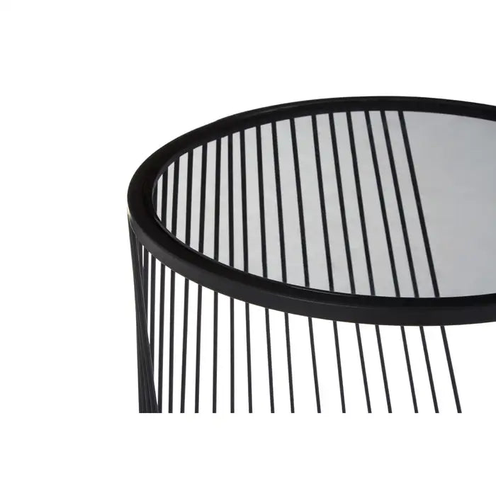 Trento Side Tables, Black Finish Wires, Round Grey Glass Top, Set Of 2