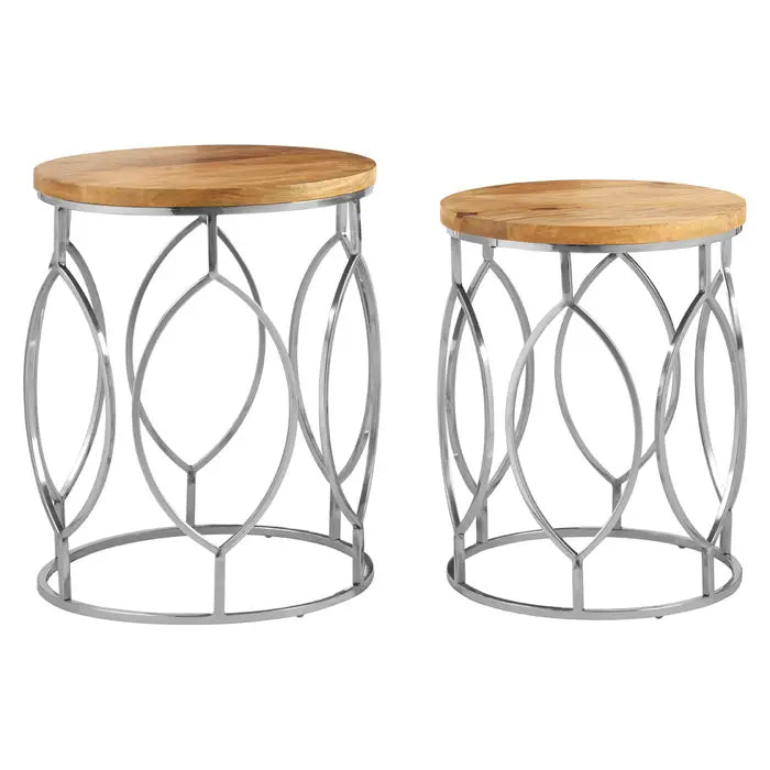 Agra Round Side Tables, Stainless Steel Frame, Natural Mango Wood, Silver, Set Of 2