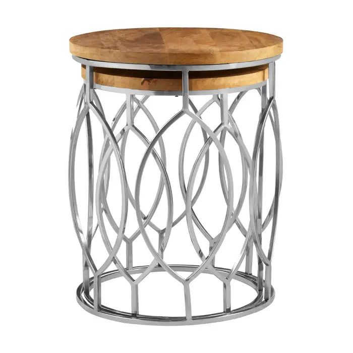 Agra Round Side Tables, Stainless Steel Frame, Natural Mango Wood, Silver, Set Of 2