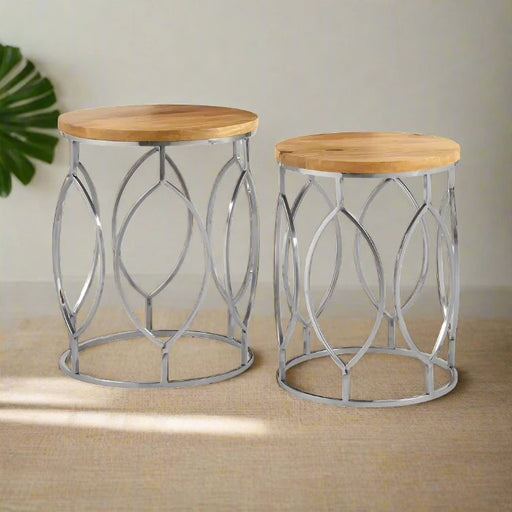 Agra Round Side Tables, Open Designs, Natural Mango Wooden Top, Stainless Steel, Silver Frame, Set Of 2