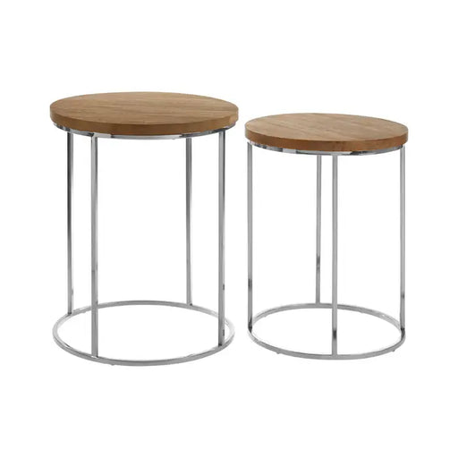 Agra Round Side Tables, Stainless Steel Frame, Silver Chrome, Natural Wooden Top, Set Of 2