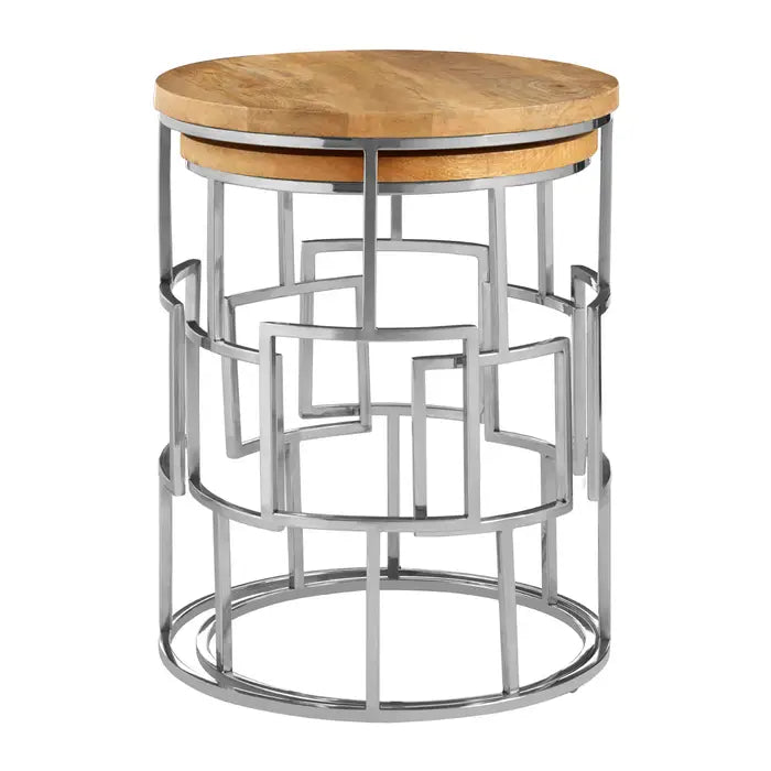 Agra Round Side Tables, Natural Mango Wooden, Stainless Steel Frame, Silver, Square Design, Set Of 2