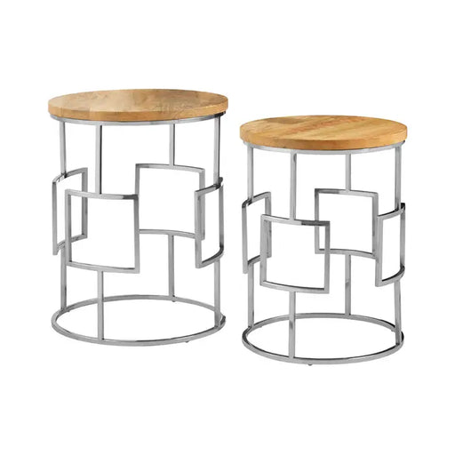 Agra Round Side Tables, Natural Mango Wooden Top, Stainless Steel, Silver Frame, Square Design, Set Of 2