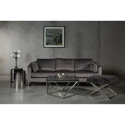 Freda Large 3 Seater Sofa, Grey Velvet, Slim Armrests, Curving Metal Frame, Matching Cushions