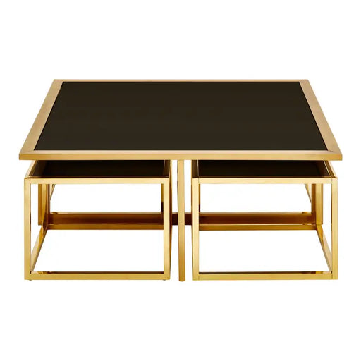 Horizon Coffee Table, Gold Metal Frame, Square, Black, Tempered Glass Top