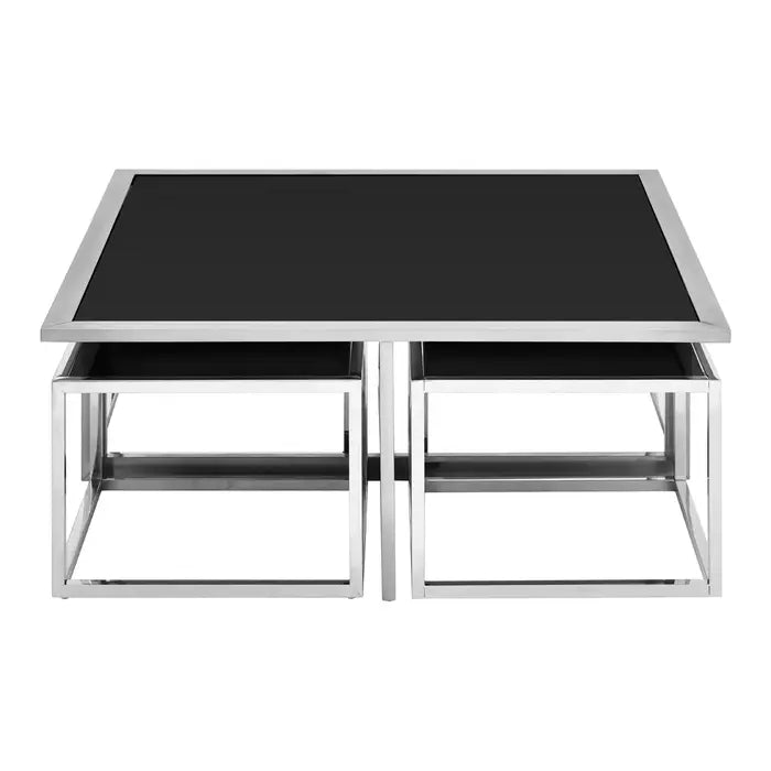 Horizon Coffee Table, Four small, Low Profile Tables, Silver Stainless Steel Frame, Black Glass Top, Stools Set