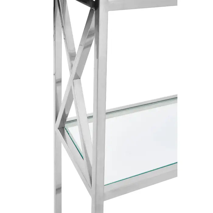 Horizon Rectangular Floor Shelf, Silver Stainless steel Frame, Five Tempered Glass Shelves