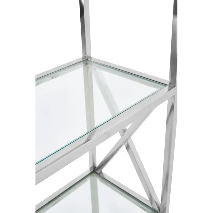 Horizon Rectangular Floor Shelf, Silver Stainless steel Frame, Five Tempered Glass Shelves