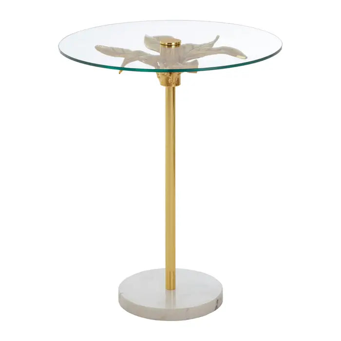 Sika Small Side Table, Leaf Design Base, Gold Iron, Clear Glass Top