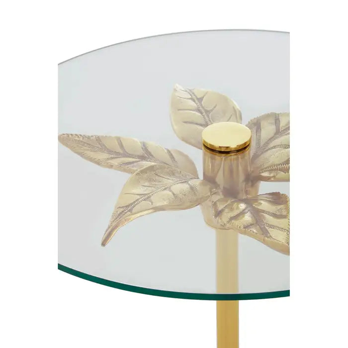 Sika Small Side Table, Leaf Design Base, Gold Iron, Clear Glass Top