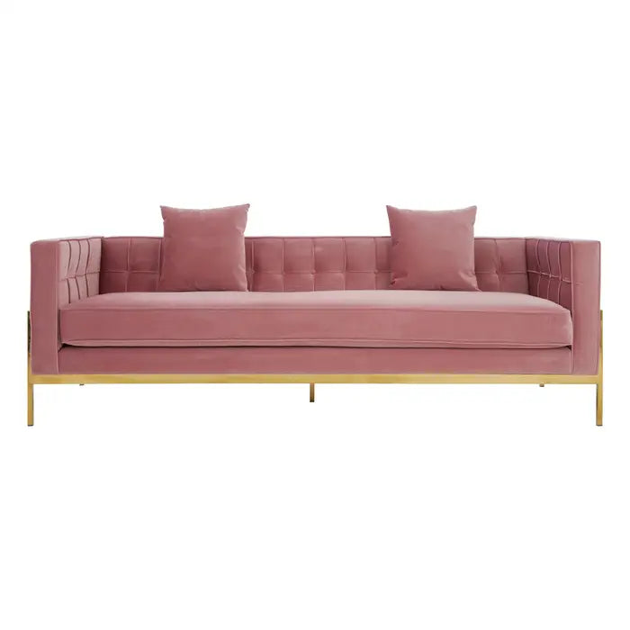 Rena 3 Seater Sofa, Pink Velvet, Metal Frame, Gold,  Button Tufted, Cushions