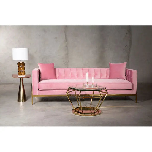 Rena 3 Seater Sofa, Pink Velvet, Metal Frame, Gold,  Button Tufted, Cushions