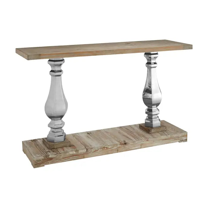 Richmond Console Table, Silver Finish, Two Wooden Pillars, Brown Wood Top