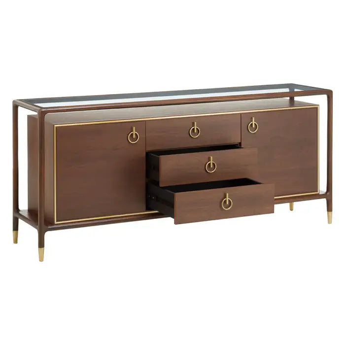 Lino Wooden Sideboard, Natural, 3 Drawers, 2 Cupboards, Glass Top