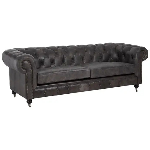 Victor Chesterfield Sofa, Dark Grey Leather, Carved Walnut Wood Feet, Caster Wheel, Rolled Armrests