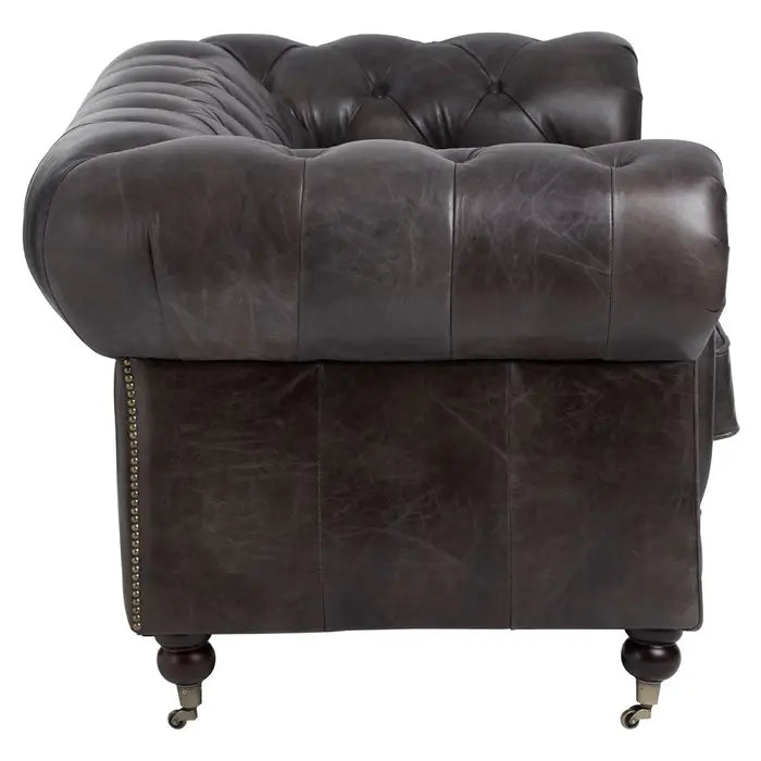 Victor 2 Seater Sofa, Dark Grey Leather, Rolled Armrests, Carved Walnut Wood Feet, Caster Wheel