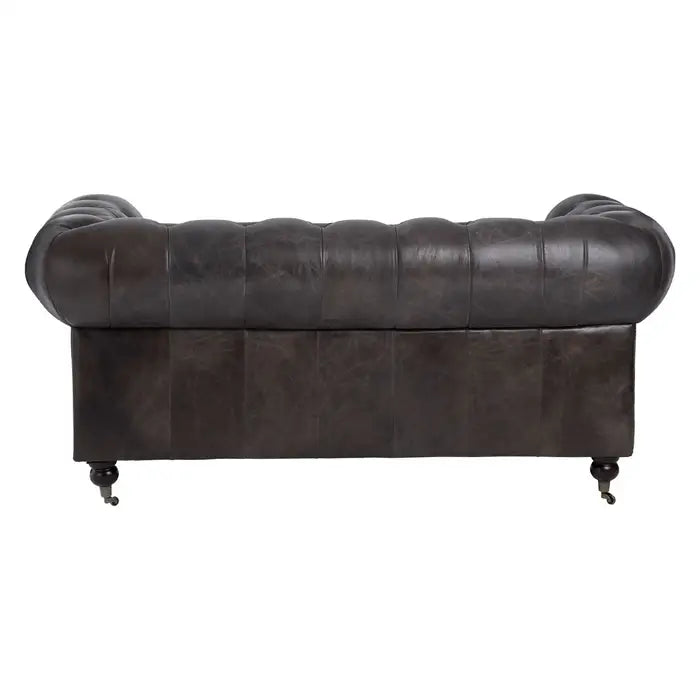 Victor 2 Seater Sofa, Dark Grey Leather, Rolled Armrests, Carved Walnut Wood Feet, Caster Wheel
