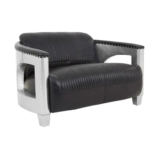 Victor 2 Seater Sofa, BLack Leather, Retro Vibe, Sleek Aluminium Arms