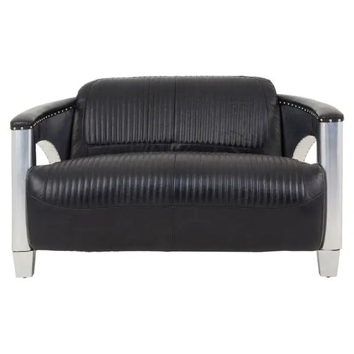 Victor 2 Seater Sofa, BLack Leather, Retro Vibe, Sleek Aluminium Arms
