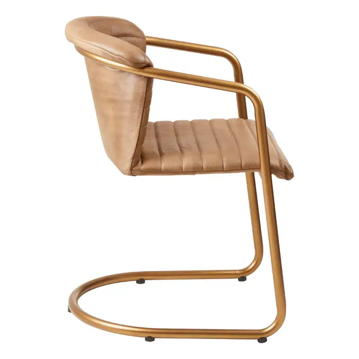 Boston Curved Dining Chair In Tan Leather & Gold Metal Frame