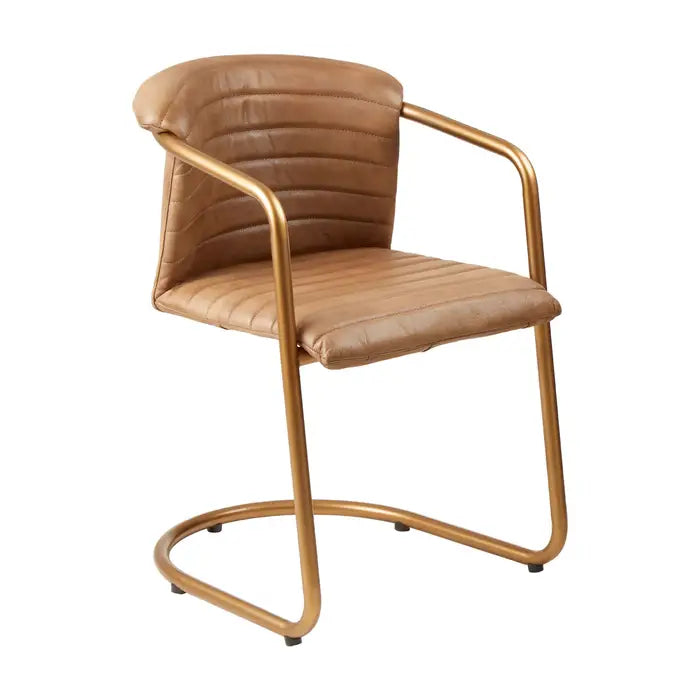 Boston Curved Dining Chair In Tan Leather & Gold Metal Frame
