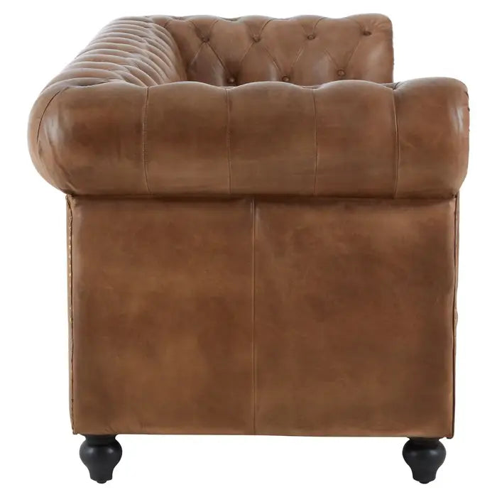 Buffalo 3 Seater Sofa, Brown Leather, Chesterfield Design, Wooden Carved Feet, Button Tufting