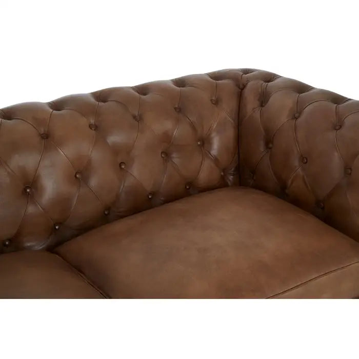Buffalo 3 Seater Sofa, Brown Leather, Chesterfield Design, Wooden Carved Feet, Button Tufting