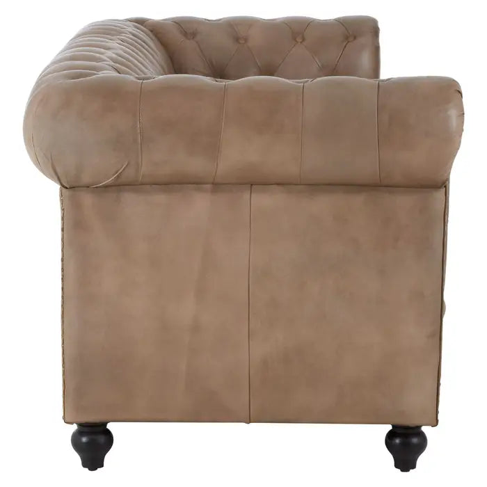 Buffalo 3 Seater Sofa, Light Brown Leather, Wooden Carved Feet, Button Tufting